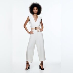 Zara Belted Jumpsuit Size Small White Wide Leg